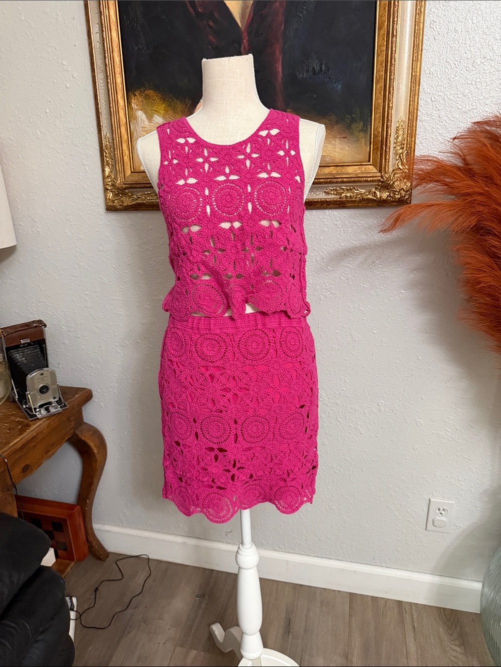 Caroline Constas Sleeveless Fuchsia Crochet Two-Piece Suit